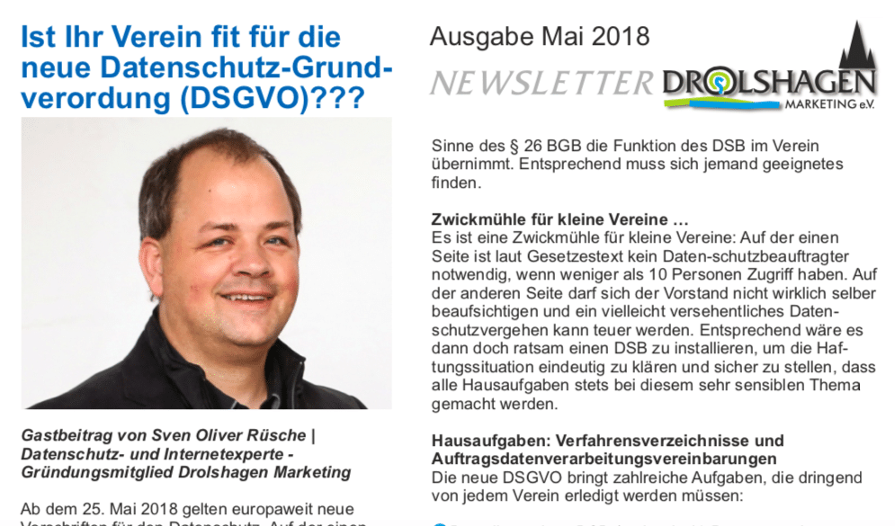 DSGVO im Verein - Gastbeitrag im Newsletter von Drolshagen Marketing e.V.