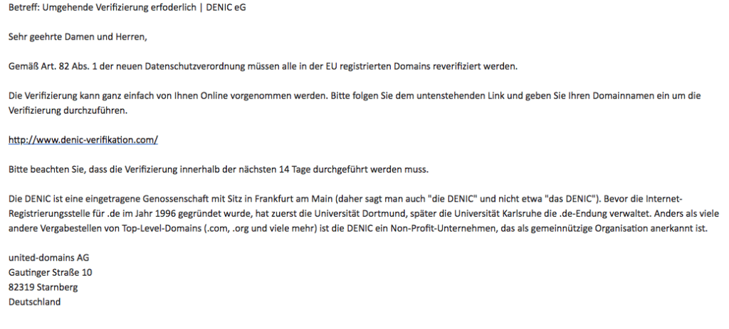 So sieht der plumpe Versuch einer DENIC Verifikation aus ...