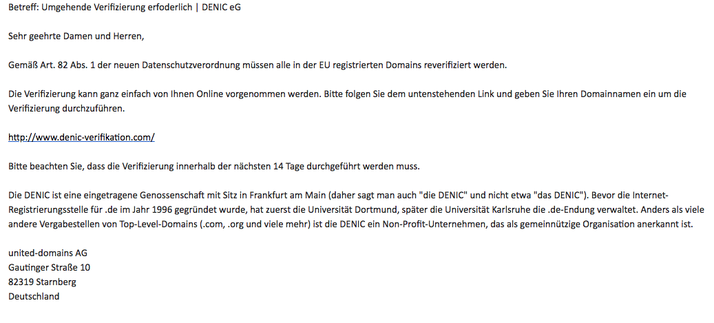 So sieht der plumpe Versuch einer DENIC Verifikation aus ...